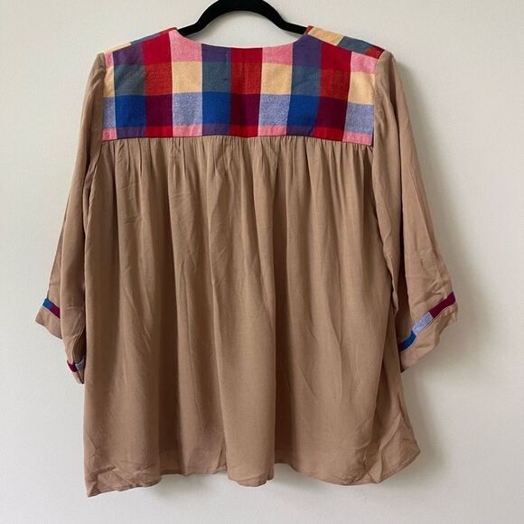 Cafeliz Women's Elbow Sleeve Multicolor Windowpane Brown Open Front Blouse Sz M - Picture 2 of 6